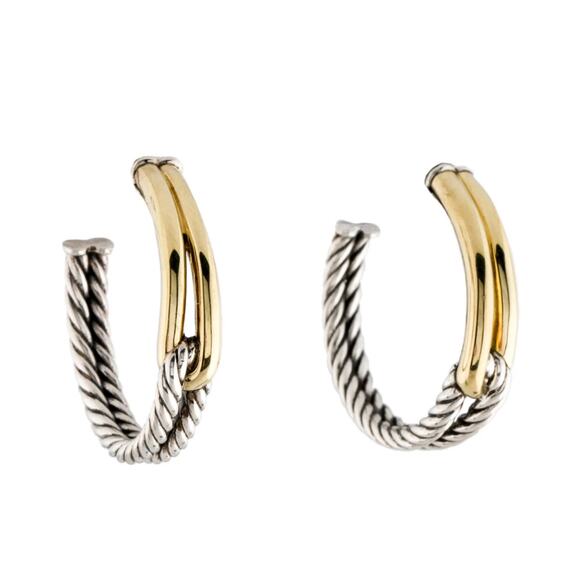 David Yurman Labyrinth Cable Rope Loop Hoop Earrings Gold 18k Silver 925 - Picture 2 of 9